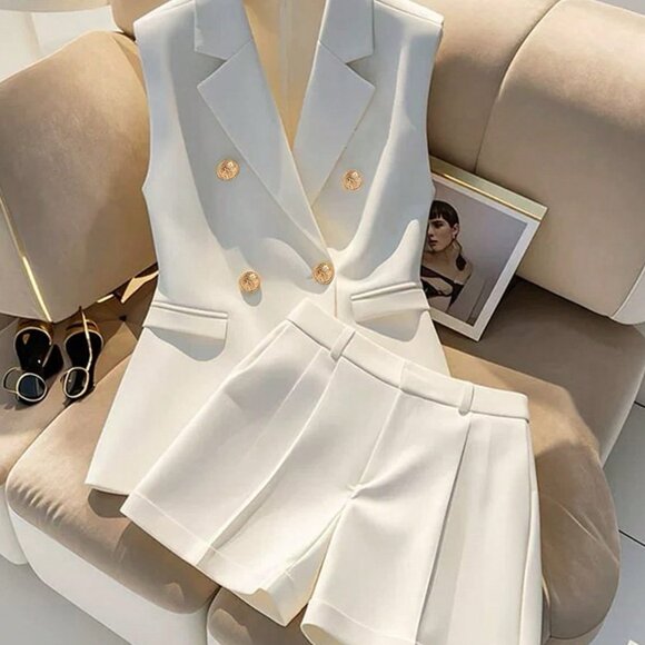 White Elegant Women's Sleeveless Vest And Shorts Set - Picture 1 of 6